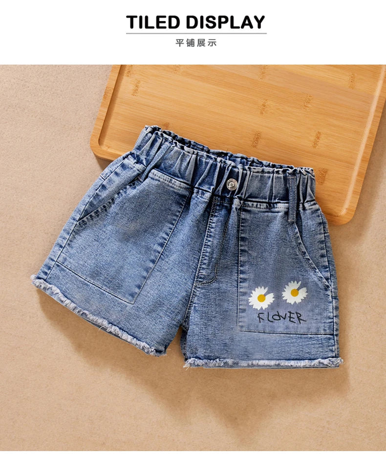 IENENS Fashion Girls Denim Pants Shorts Girl Thin Soft Trousers Jeans Kids Children Casual Clothes Clothing 4-13 Years