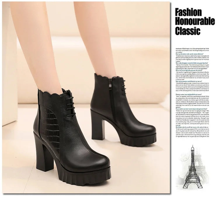 10cm Small Size 32-43 Elegant Fashion Soft Leather Boots Women Platform Shoes 2025 Winter Block High Heels Ankle Boots Office