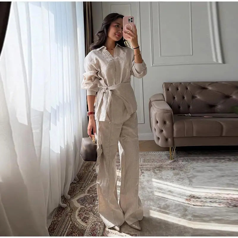 Casual Women's Linen Pants Set 2 Pieces Loose Lace Up Lapel Buttons Shirt Wide Leg Pant 2026 Spring Summer Lady Holiday Suits