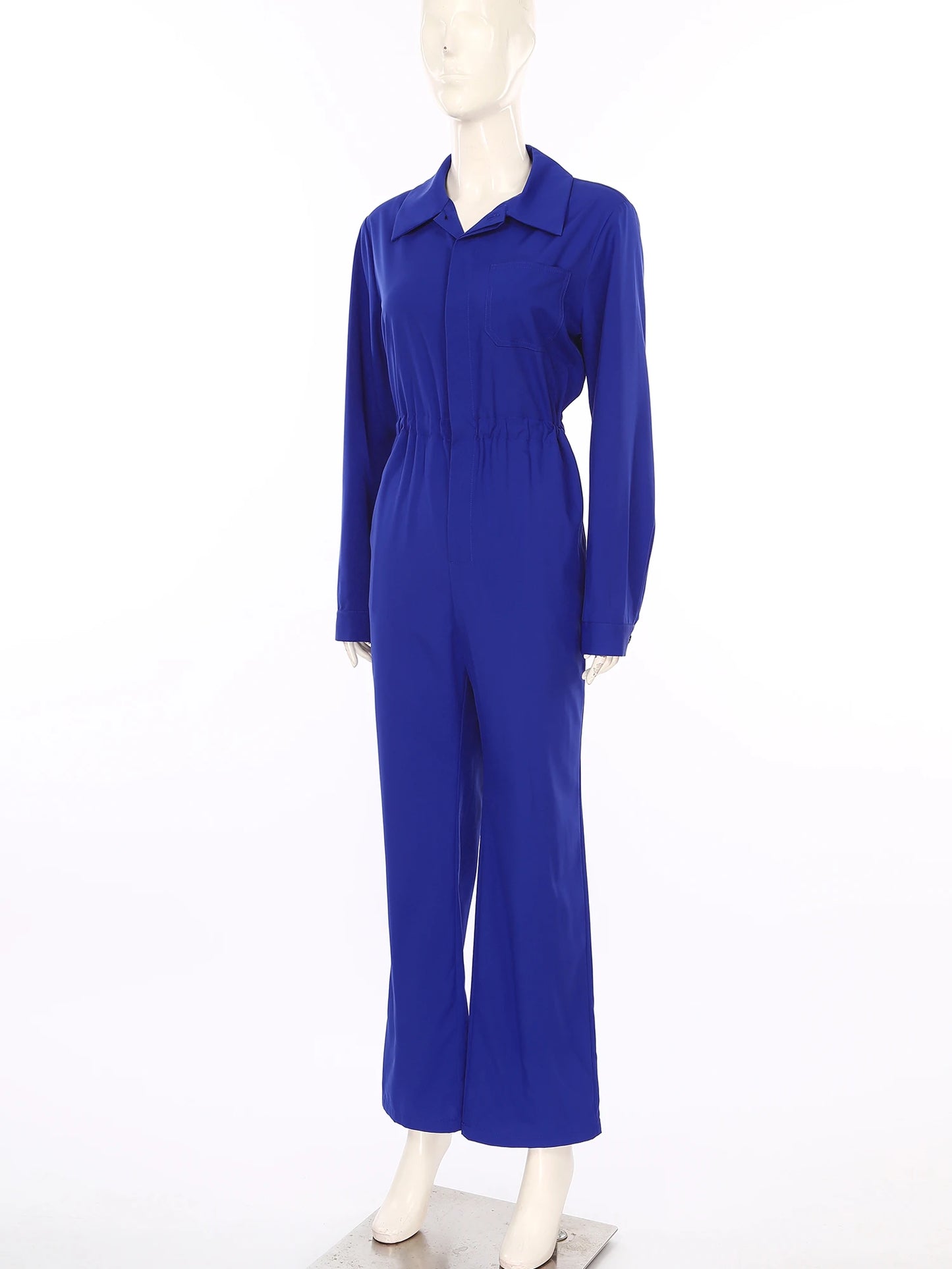 Womens Coverall Solid Color Turn-Down Collar Long Sleeve Button Jumpsuit Mechanic Work Overalls Fashion Casual Cargo Rompers