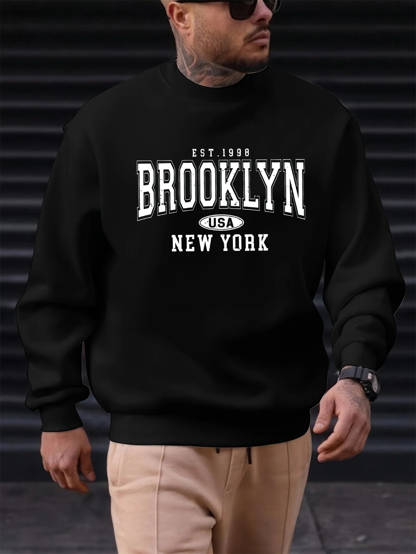 Men's autumn and winter fashionable casual loose Brooklyn letter pattern printed long sleeved round neck sweatshirt BAZAARHUBO