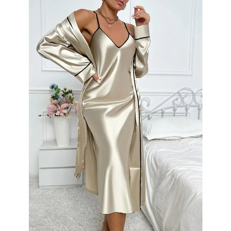 Women's Sexy Fashion 2 Piece Pajama Set  V-Neck Slip Dress with Long Robe Sleepwear