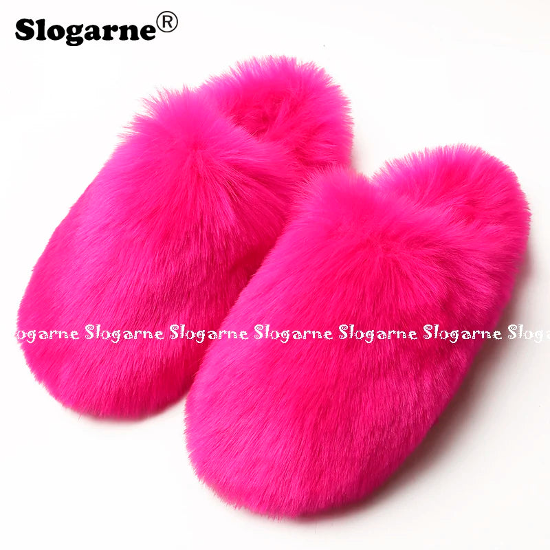 Ladies Winter High Quality Fox Fur Slippers Women Warm Fur Slides Girls Luxury Furry Slippers Soft Comfortable Home Cotton Shoes
