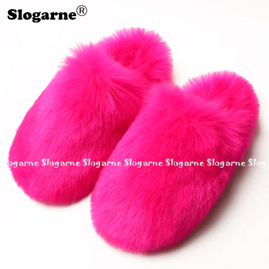 Ladies Winter High Quality Fox Fur Slippers Women Warm Fur Slides Girls Luxury Furry Slippers Soft Comfortable Home Cotton Shoes