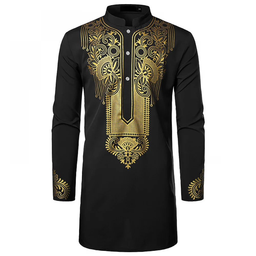 Men's Traditional African Shirt Print Golden Flowers Long Sleeve Shirt Ethnic Casual Outfits Wedding African Streetwear