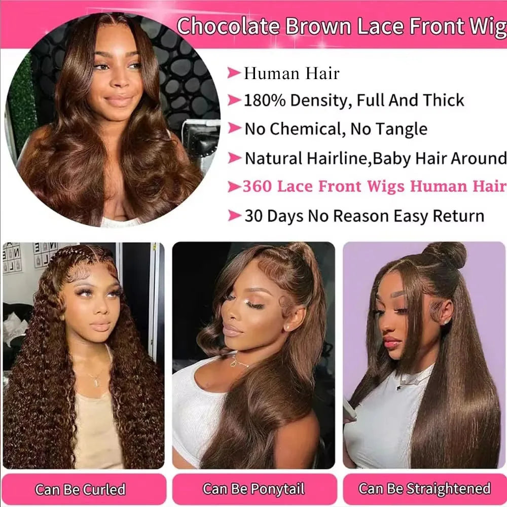 Invisi Strap 360 Full HD Lace Wig 250 Density Glueless Human Hair Wig Chocolate Brown Lace Front Wig Body Wave Frontal Wig
