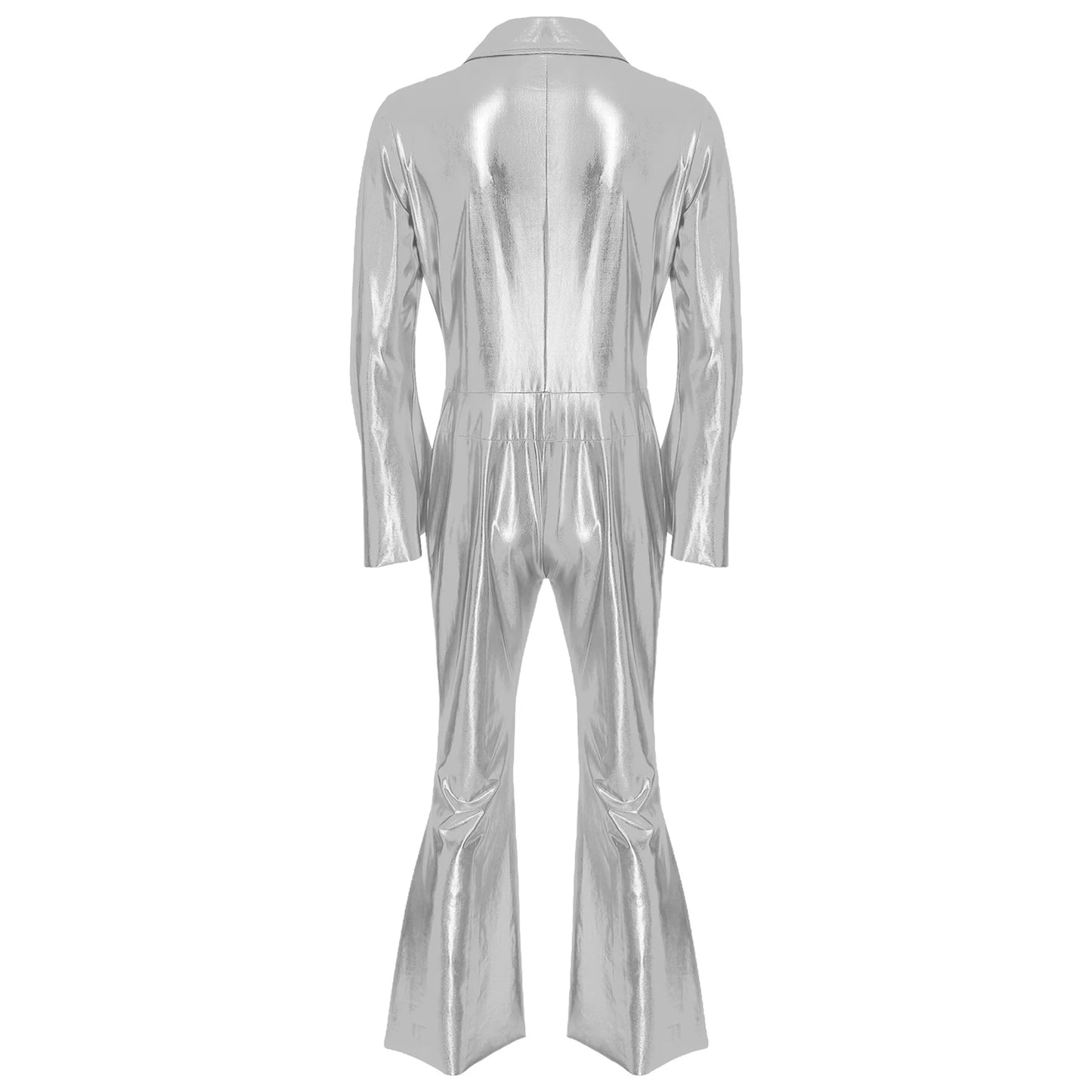 Mens 70s Disco Hippies Jazz Dance Performance Costume Metallic Shiny Unitards Jumpsuit Wide Leg Pants Rompers Vintage Clubwear