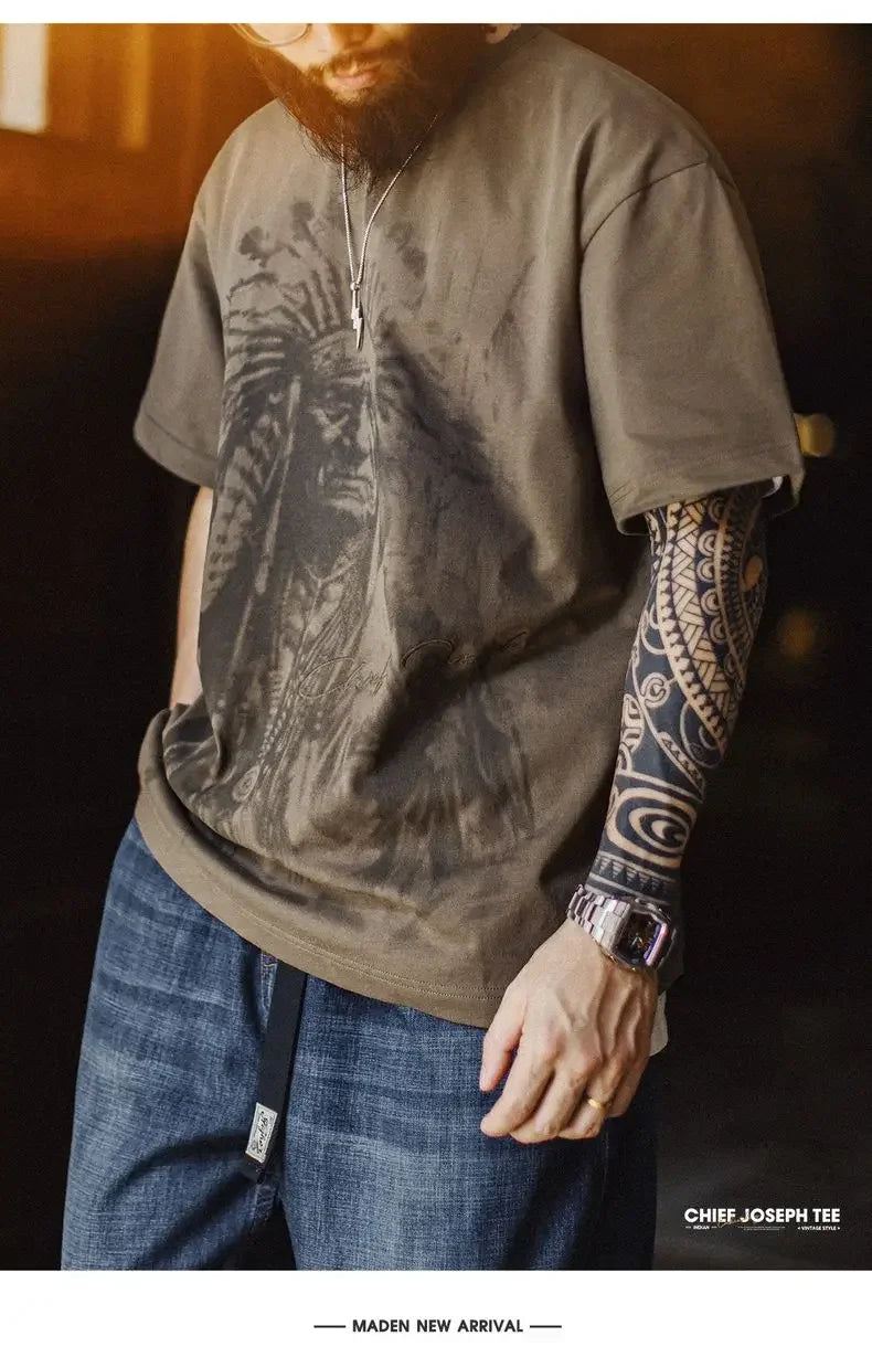 Maden Vintage Heavyweight Navajo Print Short Sleeve T-Shirt Men's Summer Cotton Tee Letter Embroidered Loose Fit Crew Neck Tops