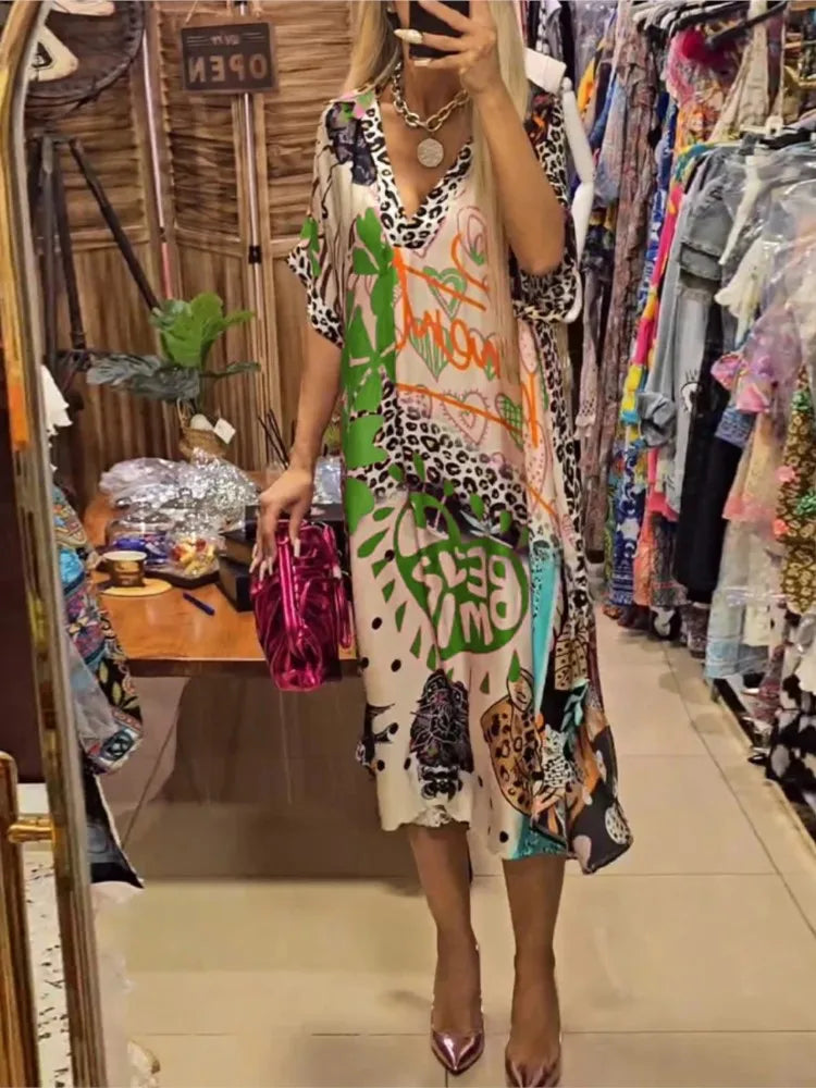 Leopard Print Shirt Dress Women Loose V Neck Summer Mid Calf Polyester