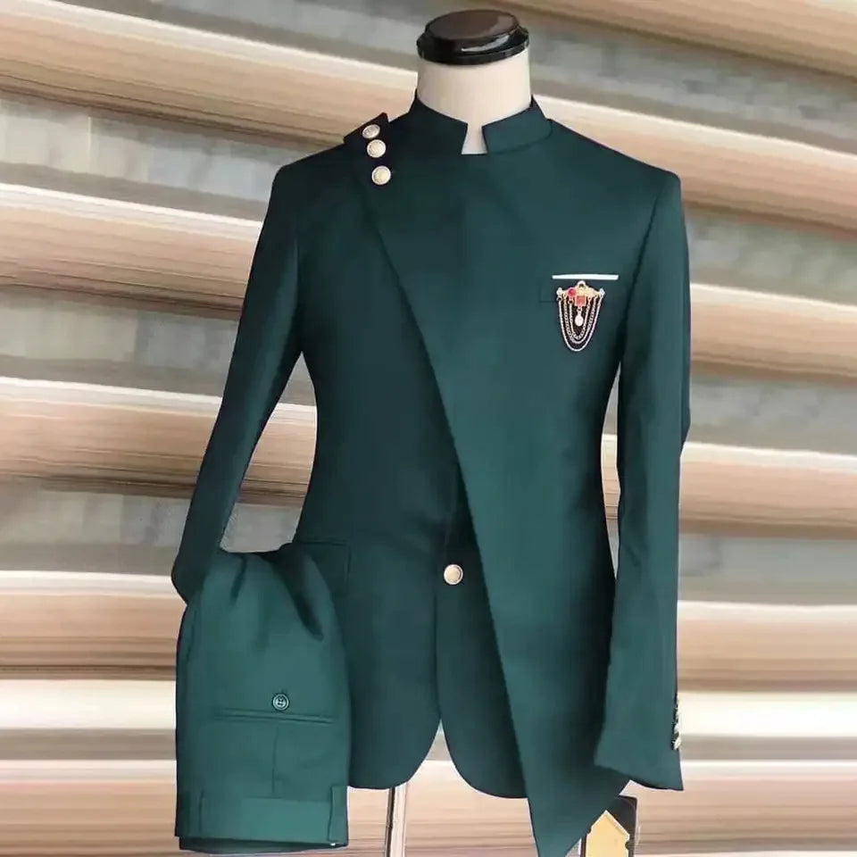Men Blazer Suits 2 Piece Set Party Coat Straight Pants Ensemble Stand Collar Buttons Trousers Suit Jacket Outfits Autumn 2025