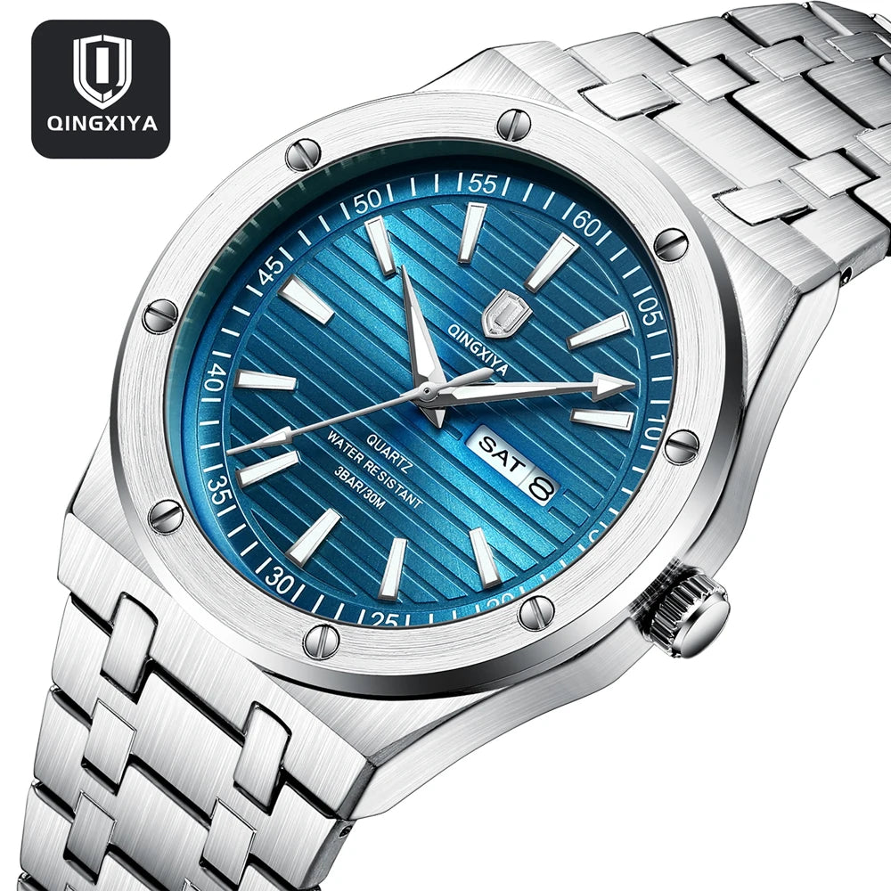 QINGXIYA New Mens Quartz Watches Top Brand Luxury Week Date Man Wristwatch Stainless Steel Waterproof Luminous Sports Men Watch