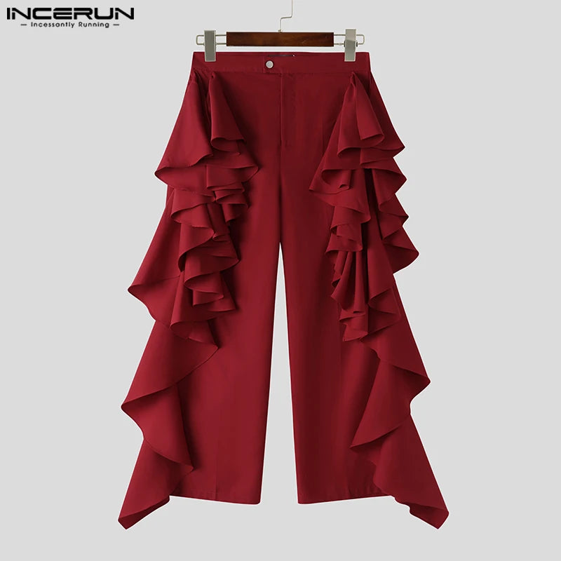 INCERUN 2025 American Style Trousers Fashion New Men Double-layer Flounce Pants Male Casual Solid Color Wide Leg Pantalons S-5XL