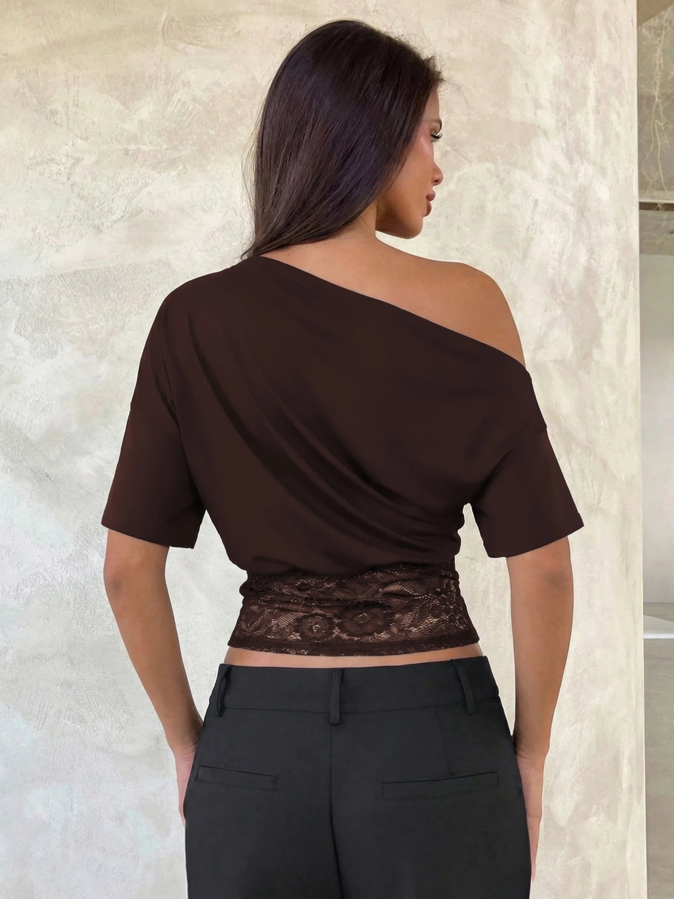 Dulzura Inclined Shoulder Short Sleeve Slim Lace Patchwork T-Shirt Women'S Vintage Sexy Casual Y2K Top Party Club Summer Clothes