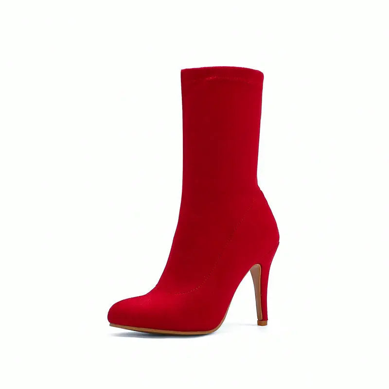 2023 Autumn Winter Sock Short Boots Lady Mid-Calf Thin High Heels Large Size 46 Fashion Women Shoes Elastic Flock Pointed Boots
