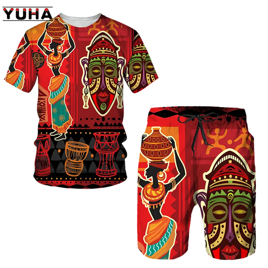 YUHA,Newest African Print Women's/Men's T-shirts Sets Africa Dashiki Men’s Tracksuit/Vintage Tops Sport And Leisure Summer Male