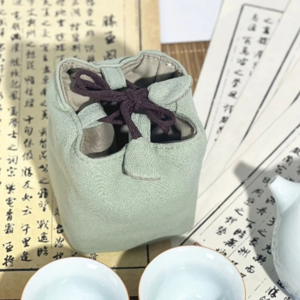 Chinese Style Tea Set Organizer Bag Embroidered Breakage-proof Teacup Drawstring Cloth Pouch Tea Ceremony Accessories