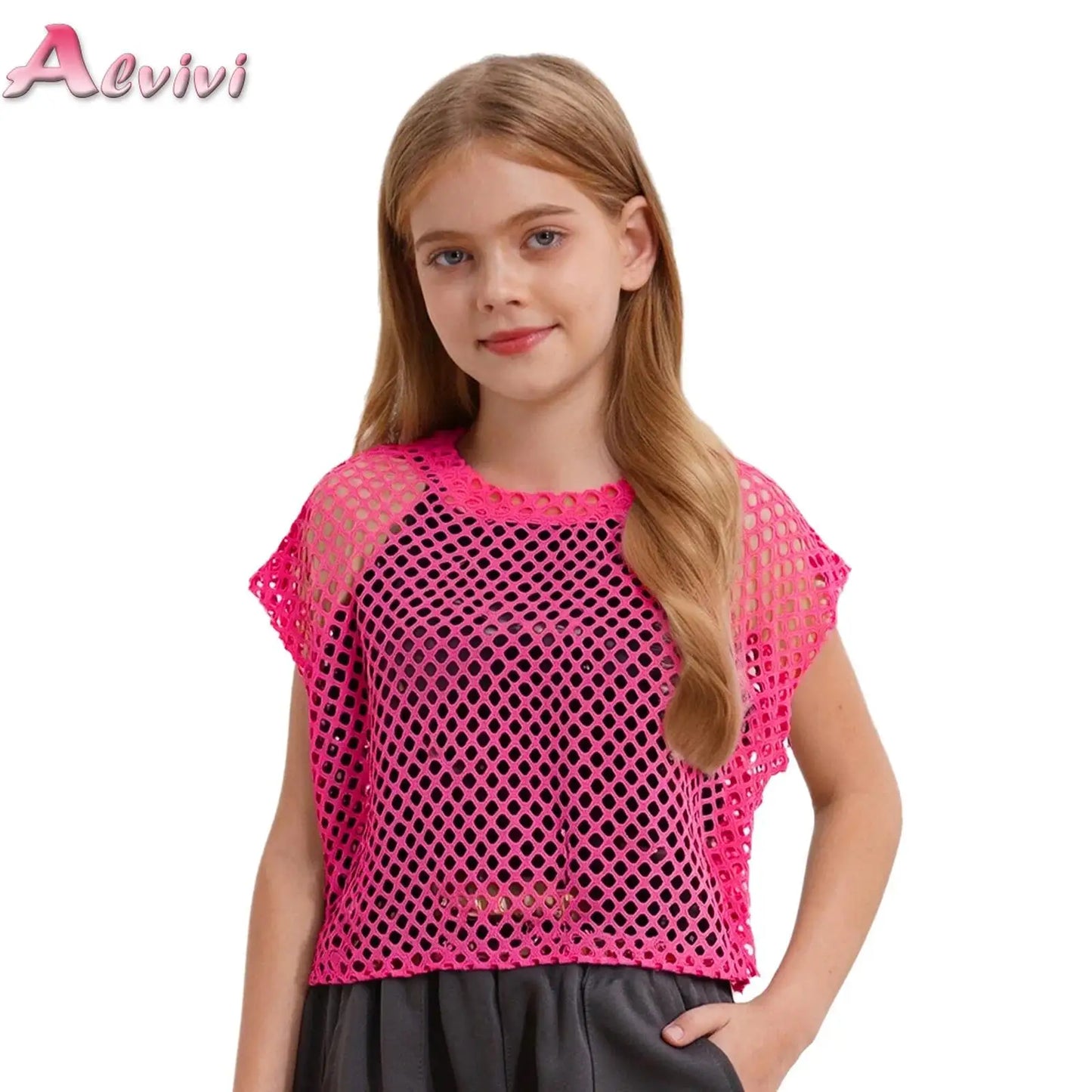 Kids Girls Fishnet Crop Tops T-shirt Casual Summer Short Sleeve See-Through Mesh T Shirt Female Hip-Hop Street Dance Clothing