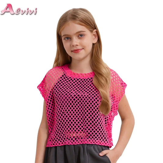Kids Girls Fishnet Crop Tops T-shirt Casual Summer Short Sleeve See-Through Mesh T Shirt Female Hip-Hop Street Dance Clothing