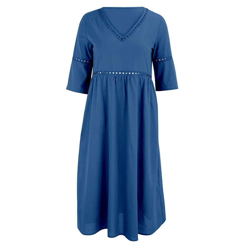 Summer V Neck Half Sleeve Loose Beach Holiday Dress Women Casual Hollow Out Design Solid Color A-line Midi Dress Boho