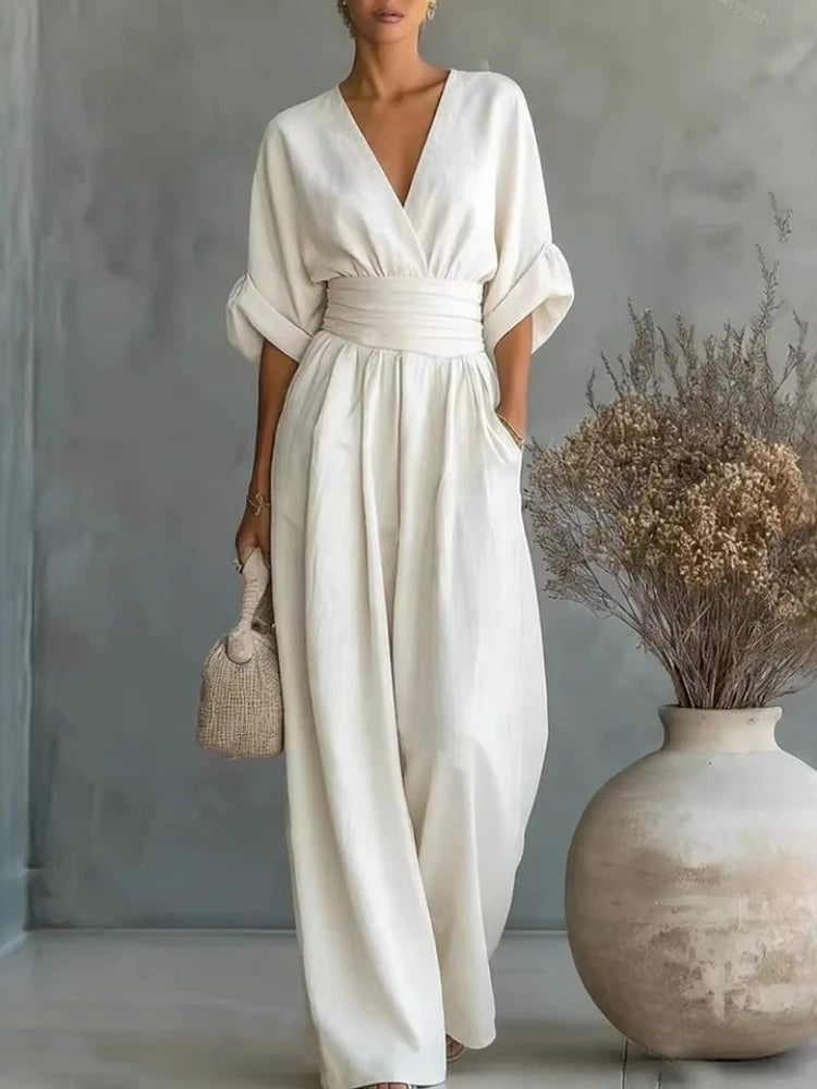 Women's Jumpsuit Fashion High Waist V-neck Casual Jumpsuits Sexy Solid Color Office Wide Leg Trousers Overalls Vacation Outfit