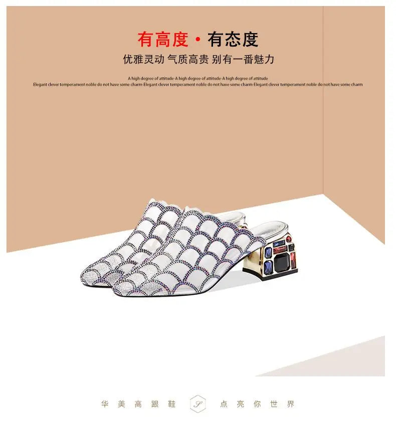 Crystal Half Slippers Female Thick Heels 2023 New Summer Fashion Outside Wear Medium Heel Mesh Cool Female Soft  Baotou Sandals