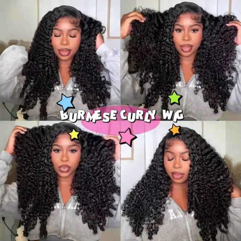 Burmese Curly Human Hair Wig 13x4 HD Transparent Lace Frontal Wigs Pre Plucked 250% Density Burmese Human Hair Wigs 28 Inch