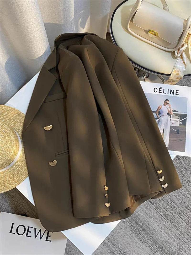 Vintage Double-breasted Blazers Jacket Women Elegant Temperament Metal Buttons Blazer Coat Ladies Long Sleeve Black Outerwear