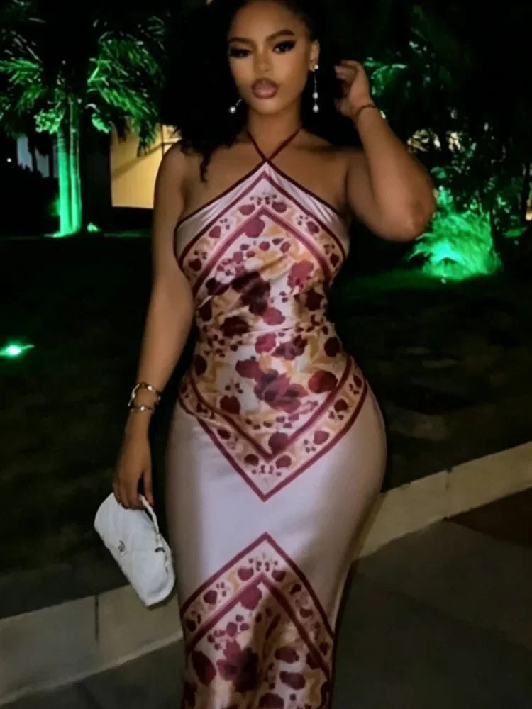 Chic Elegant Satin Dress Floral Print Slim Bodycon Women Dresses Evening Party Wedding Guest Summer Streetwear