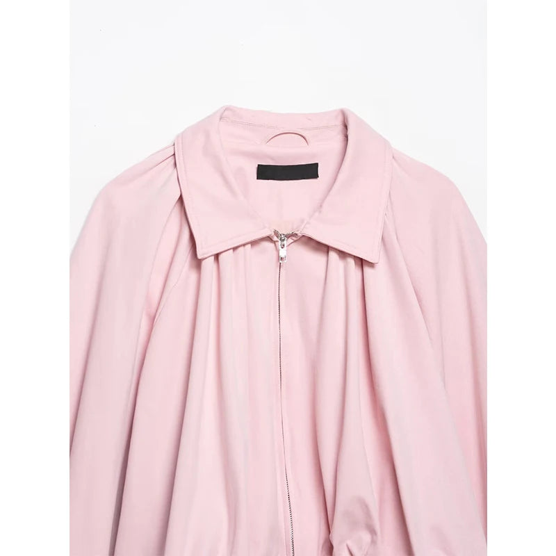 YENKYE New 2026 Women Pink Puff Sleeve Pleated Bomber Jacket Front Zipper Casual Loose Crop Coat