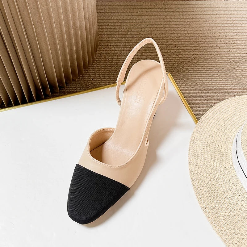 2023Spring Autumn Fashion High Heels Sandals Women's Dress Square Toe Slingback Shoes Women's Color Block Back With Flat Sandals