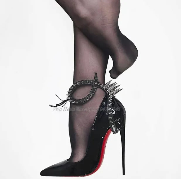 Sexy Studded Black/Nude Patent Leather Pumps Pointed Toe Rivets Ankle Strap Big Size High Heels Luxury Designer Party Shoes