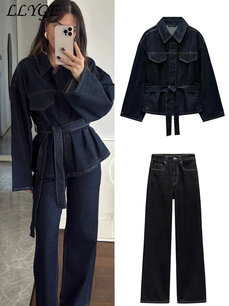 Vintage Belt Denim Jacket Pants Set Women Lapel Single Breasted Jackets Pockets Straight Jeans 2025 Autumn Lady Street Outfits