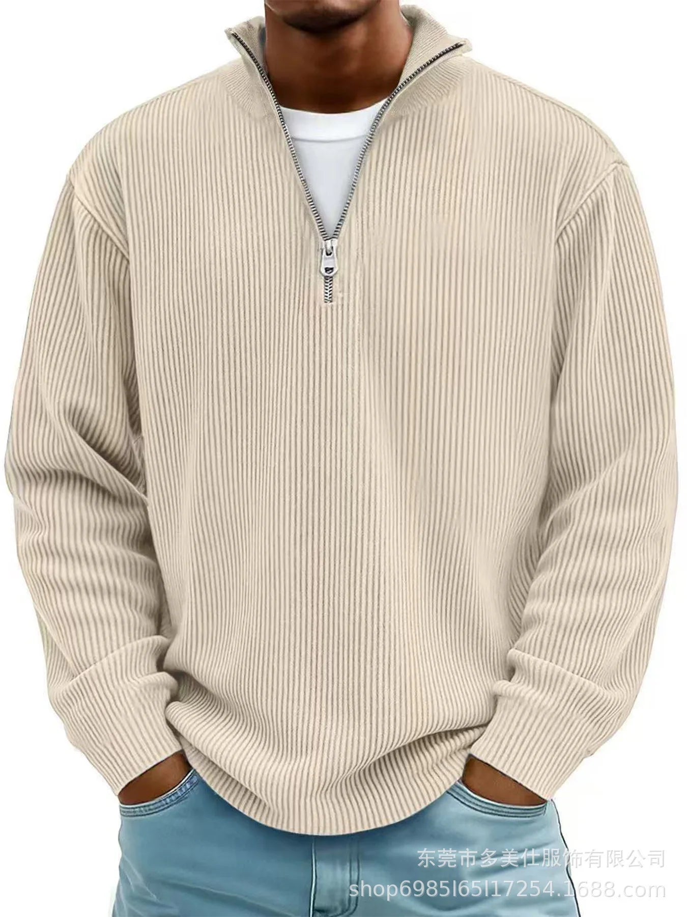 autumn/winter new men's fashion versatile casual stand up collar half zipper design corduroy long sleeved polo shirt sweatshirt