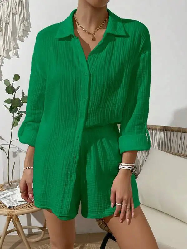 100% Cotton Gauze Muslin Sets For Women 2 Pieces Long Sleeve Shirts And Loose High Waist Mini Shorts Sets Ensemble Femme