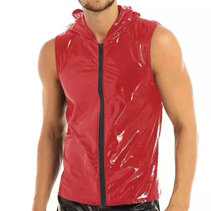 Men PVC Hoodies Tank Tops PU Leather Zipper Sleeveless Latex Hooded Shirts Vest Sexy Party Clubwear Fitness T-shirts Streetwear
