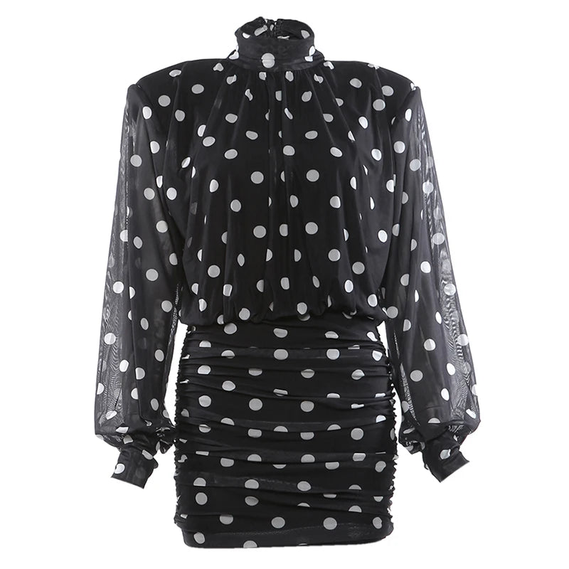 Nibber See Through Mini Dress Woman Turtleneck Mesh Full Sleeve Polka Dot Print Skinny Peach Hip Street Ruched Elegant Bodycon