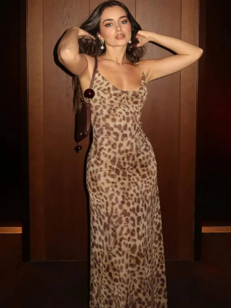 HH Women Fashion Leopard Print Sleeveless Backless Suspender Dress Summer Female Vintage Slim Casual Beach Party Long Dress