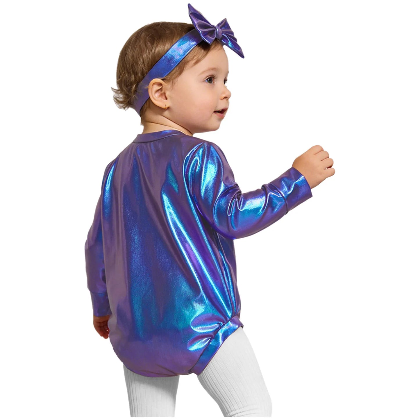 Baby Girls Long Sleeve Metallic Shiny Buttons Crotch Romper with Bow Headband Birthday Theme Party Photography Outfit Daily Wear