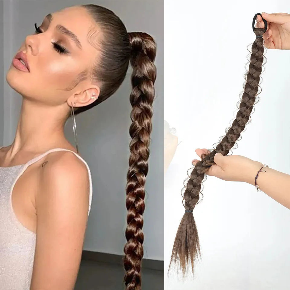 Synthetic Braided Ponytail Hair Extension With Rubber Band Boxing Braids For Women Hair Accessories 24Inch Long Black Braids