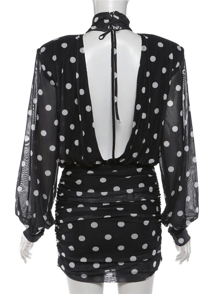 Nibber See Through Mini Dress Woman Turtleneck Mesh Full Sleeve Polka Dot Print Skinny Peach Hip Street Ruched Elegant Bodycon