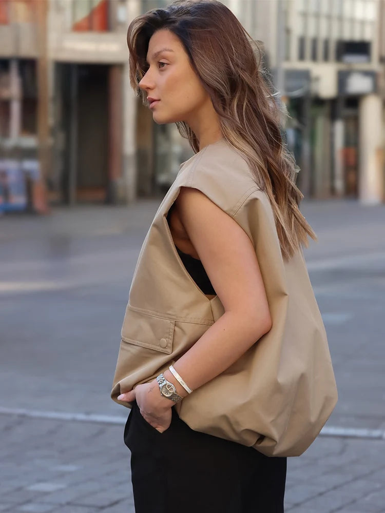 HH Women's New Fashion Versatile Round Neck Sleeveless Double Zipper Vest Female High Street Pleated Hem Loose Casual Vest
