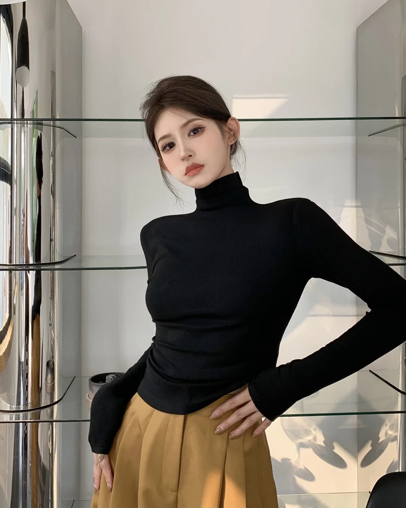 Warm Fce Lined High Collar Long Sve Base irt Women's Faionable Retro Versatile High Ne Base irt Trendy Commute ...