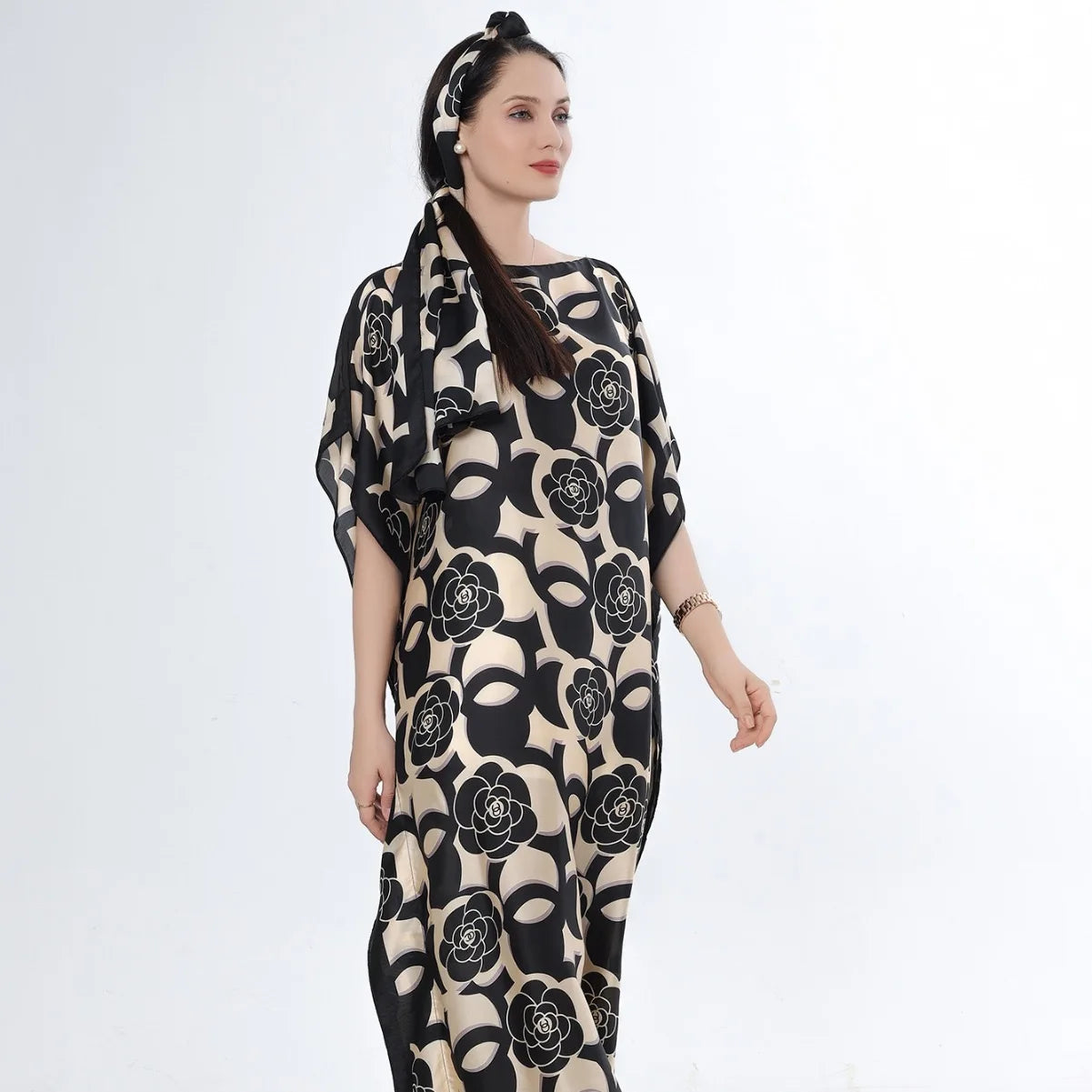 Summer New Fashion African Dresses For Women Elegant Printed Silk Muslim Lady Long Hijab Kaftan Dress Oversize Kuwait Abaya