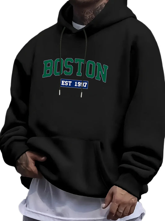 Men's autumn and winter casual fashion loose Boston est 1997 letter printed long sleeved warm hooded pullover