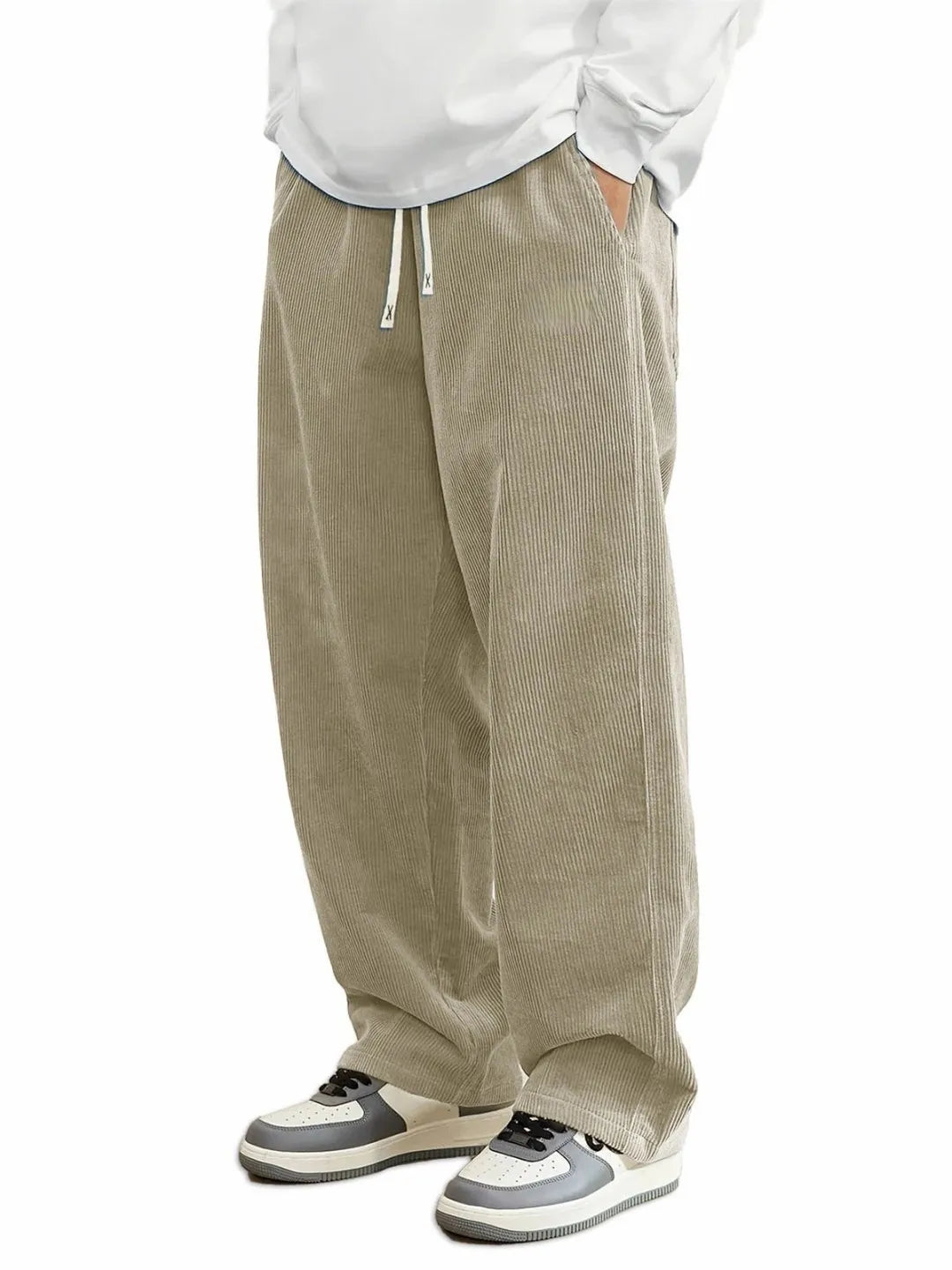 Summer Mens Corduroy Casual Pants, Loose Straight Fit Sweatpants with Elastic Waist & Drawstring, Men Outdoor Streetwear Trouser