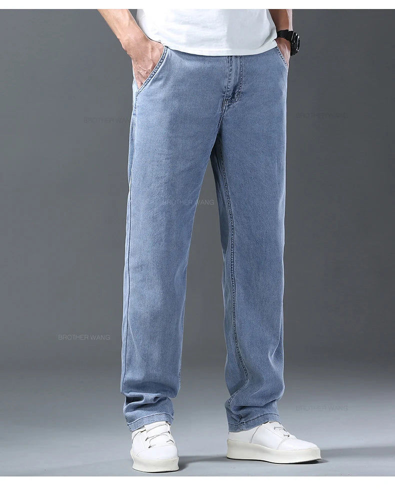 Lyocell Ice Silk Jeans Men's Summer Ultra-thin Loose Straight Denim Pants Soft Comfortable Brand Male Light Blue Trousers