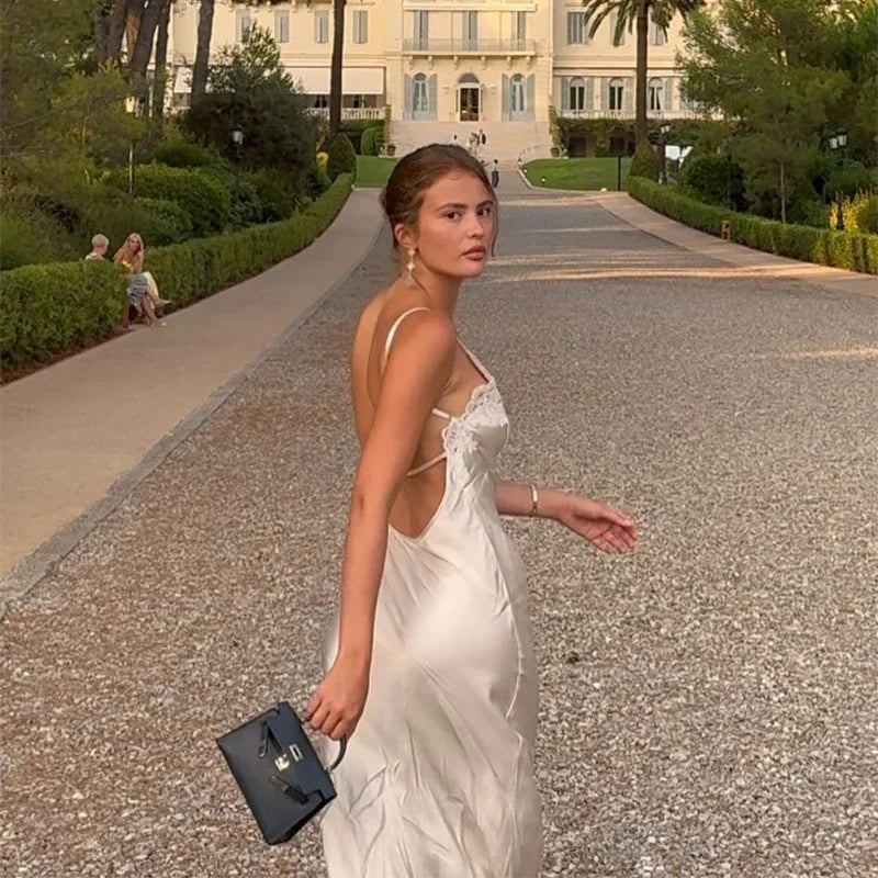 Women V-neck Satin Sling Maxi Dress Sexy White Lace Patchwork Sleeveless Backless Slim Gowns 2026 Evening Party Chic Dresses New