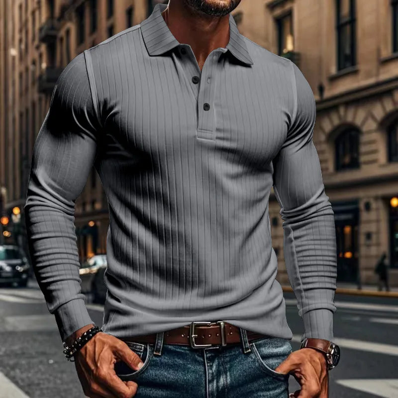 Cross-border autumn men's classic casual American lapel button-up long-sleeved T-shirt elastic pit strip polo shirt
