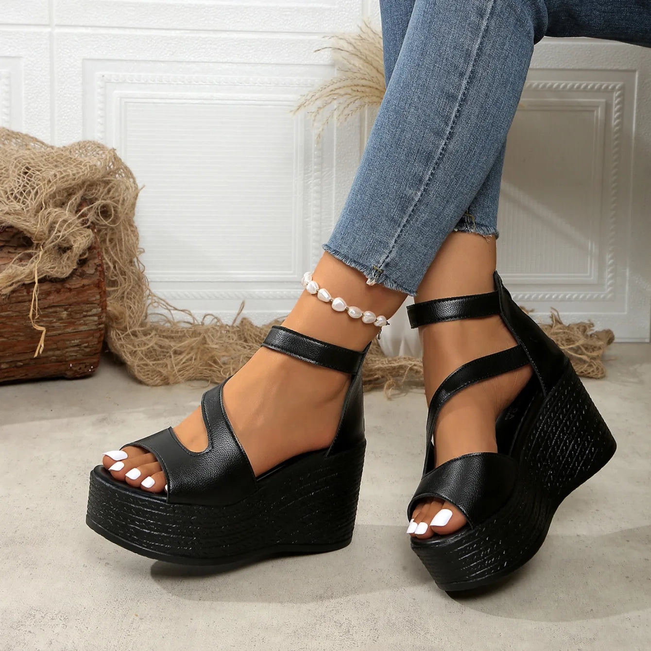 Women Wedges Sandals 2024 New Summer High Heels Sandals Women Fashion Beach Solid Platform Shoes for Women Sandalias De Mujer