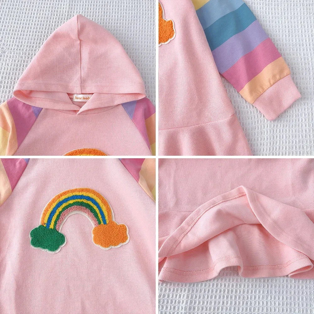 Autumn Rainbow Dress Baby Girls Party Princess Dress Korean Version Long Sleeves Kids Clothes Casual Hooded Sweatshirt Outfits